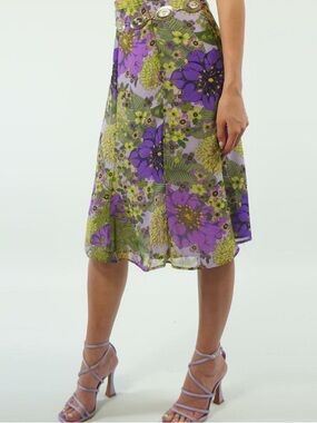 Vintage 2000s Purple & Green Floral Bias Midi Skirt Y2K Fairy Whimsygoth